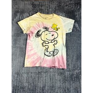 Love Tribe Peanuts Snoopy Woodstock T-Shirt Womens XS Yellow Tie Dye Knit Cotton